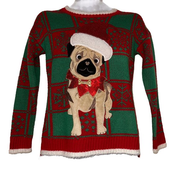 33 Degrees Mens Ugly Christmas Sweater XS Pug Santa Hat Holiday Puppy Dog Eyes - Picture 1 of 9